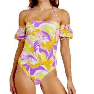 NWT BCBG XL Retro Cold Shoulder Mod Ruffle One Piece Flattering Bright Swimsuit